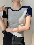 Contrast Color Stitching Crewneck Short Sleeve Knits