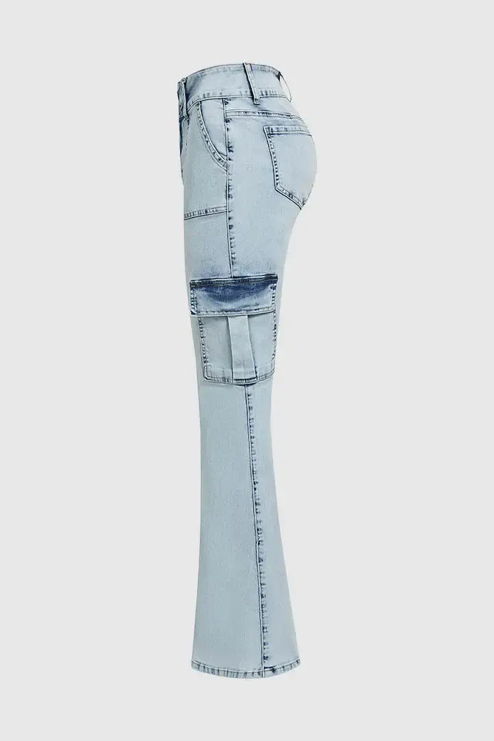 Multi Pocket Double Button Mid Rise Flare Cargo Jeans