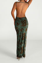Green Spaghetti Strap V Neck Backless Floral Print Bodycon Maxi Dress