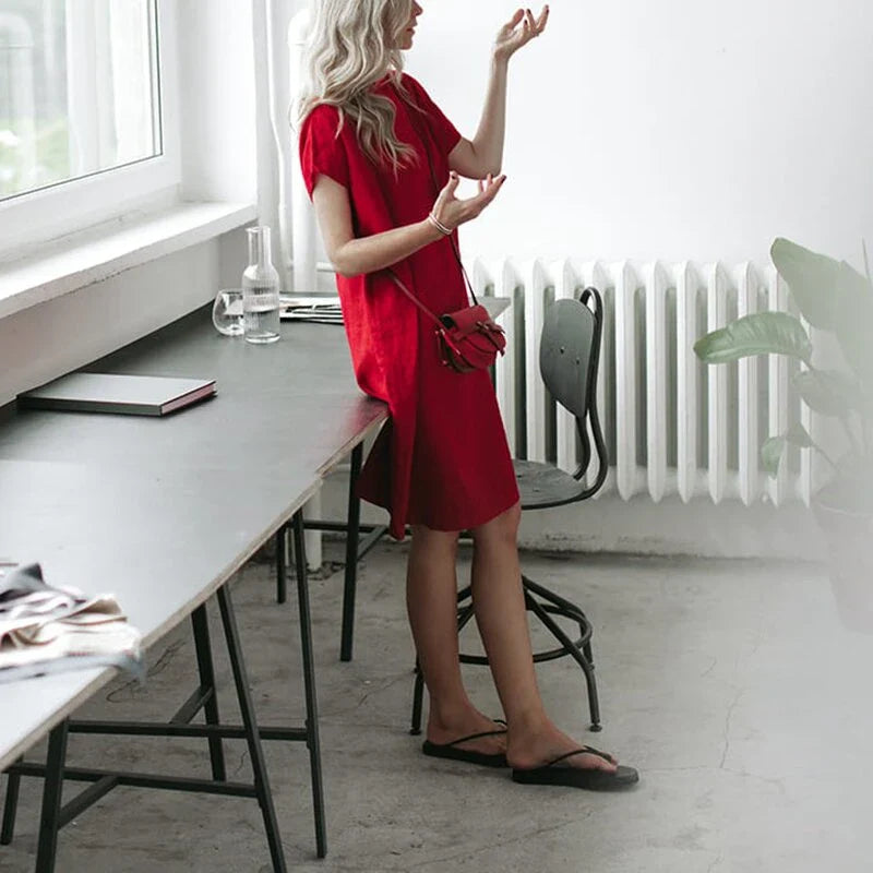 Casual Cocoon Round Neck  short-sleeved solid Color Dress