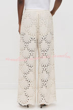 Lillah Embroidered Lace Shell Pattern Elastic Waist Pocket Wide Leg Pants