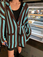 Knit Contrast Color Stripe Hooded Cardigan