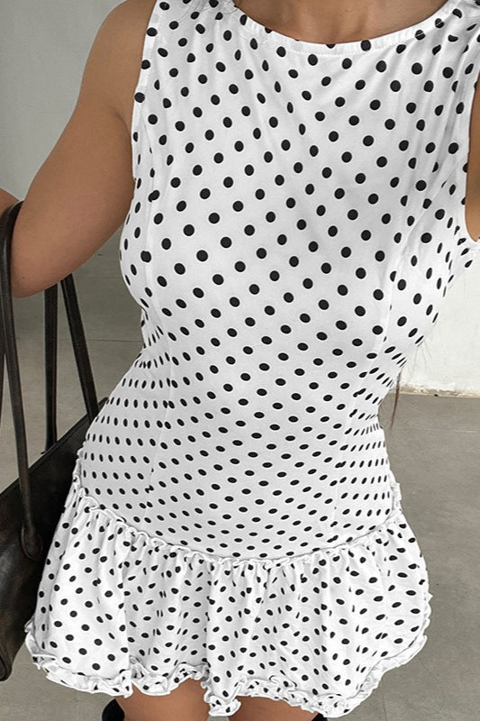 Polka Dot Round Neck Sleeveless Drop Waist Ruffle Hem Mini Dress