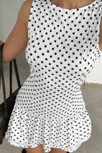 Polka Dot Round Neck Sleeveless Drop Waist Ruffle Hem Mini Dress