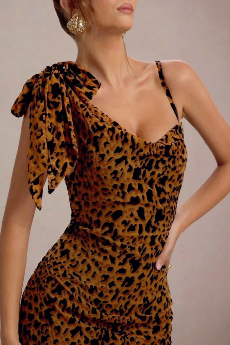 Print One Shoulder Bow Strap Bodycon Maxi Dress