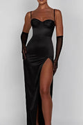 Satin Sweetheart Bustier Spaghetti Strap High Slit Maxi Dress