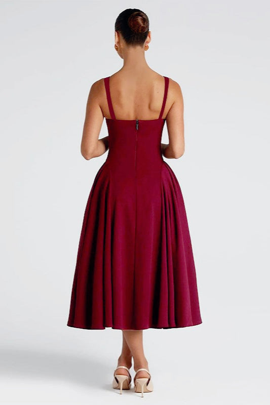 Square Neck Wide Strap Pleated Fit and Flare Midi Dress