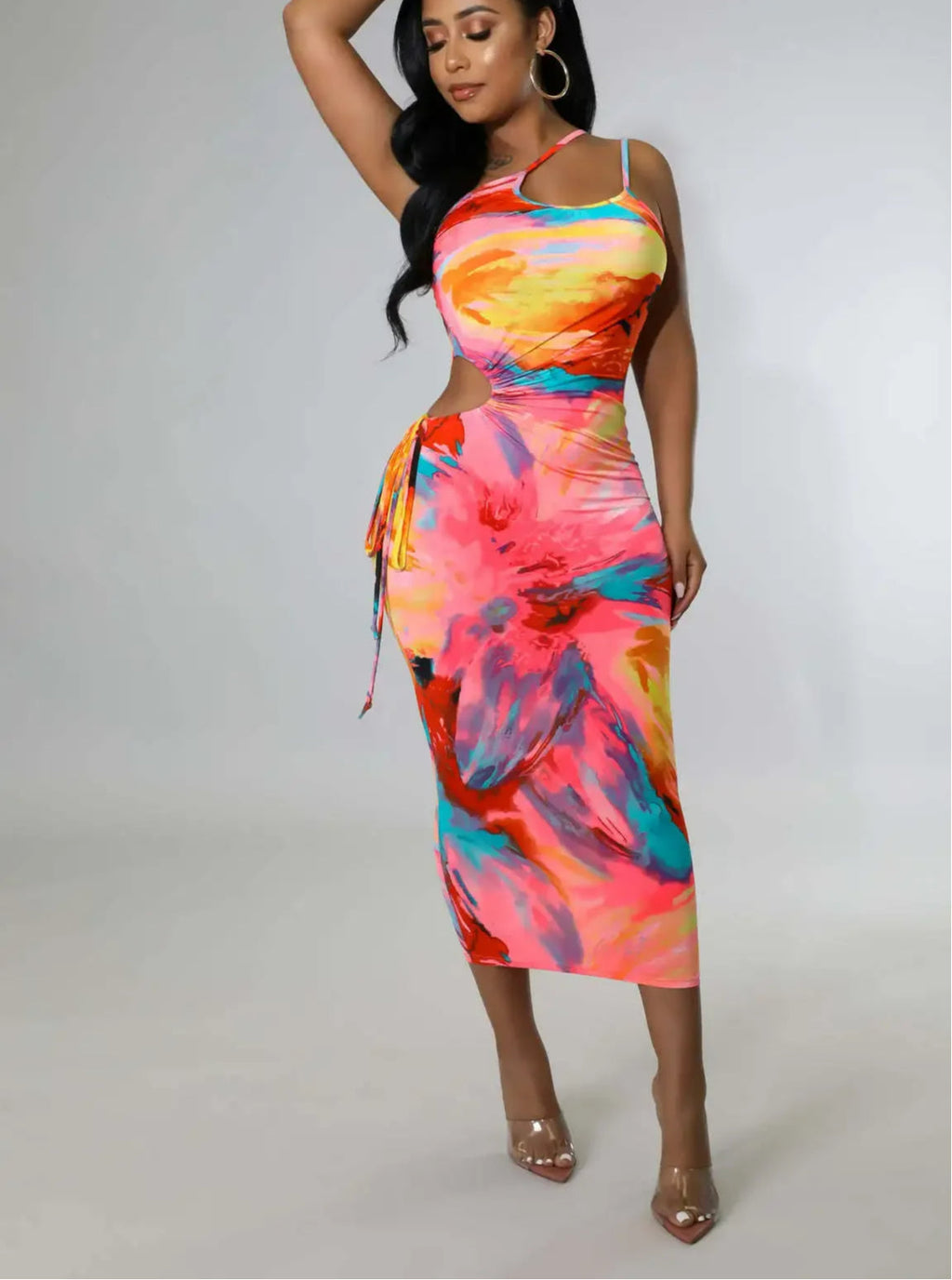 One Shoulder Keyhole Neck Waist Cut Out Drawstring Ruched Bodycon Midi Dress