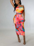 One Shoulder Keyhole Neck Waist Cut Out Drawstring Ruched Bodycon Midi Dress