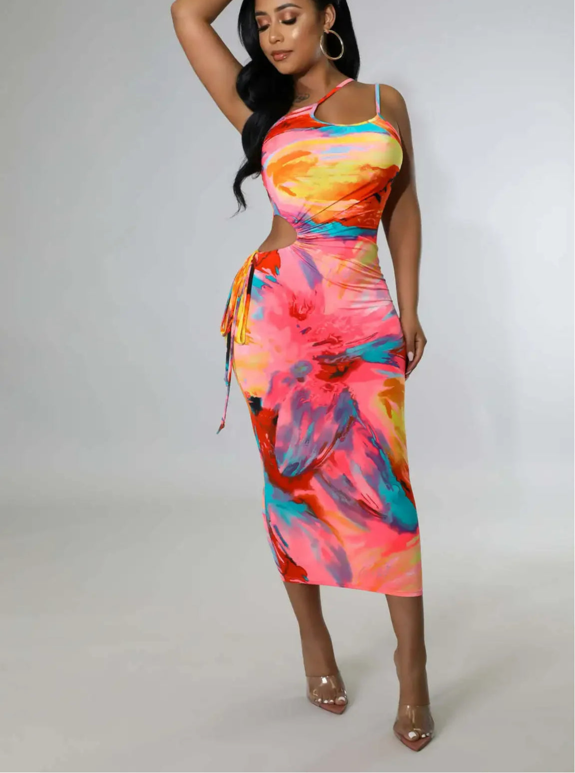 One Shoulder Keyhole Neck Waist Cut Out Drawstring Ruched Bodycon Midi Dress