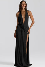 Deep V Halter Ruched Twist Waist Thigh Slit Jersey Maxi Wrap Dress