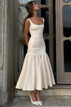 Scoop Neck Drop Waist Box Pleat Structured A-Line Maxi Dress