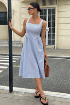 Square Neck Vertical Stripe Dropped Waist A Line Midi Dress