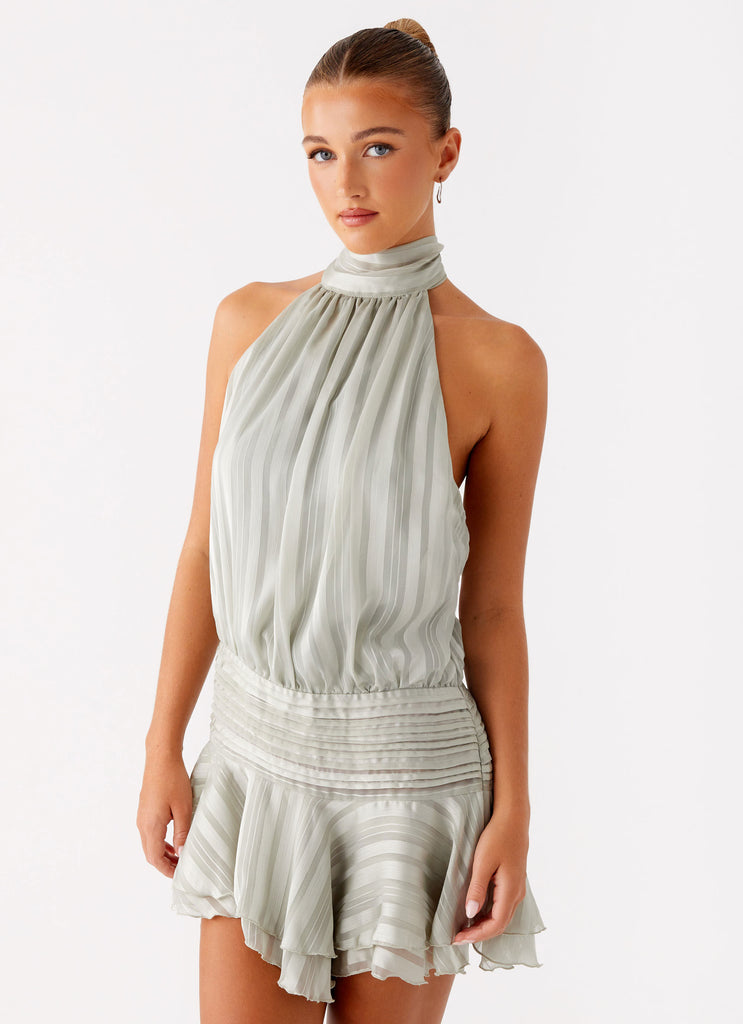Striped Chiffon Halter Neck Smocked Waist Tiered Ruffle Hem Mini Dress