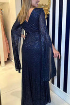 Deep V-Neck Twist Waist Sequin Cape Sleeve Column Maxi Gown