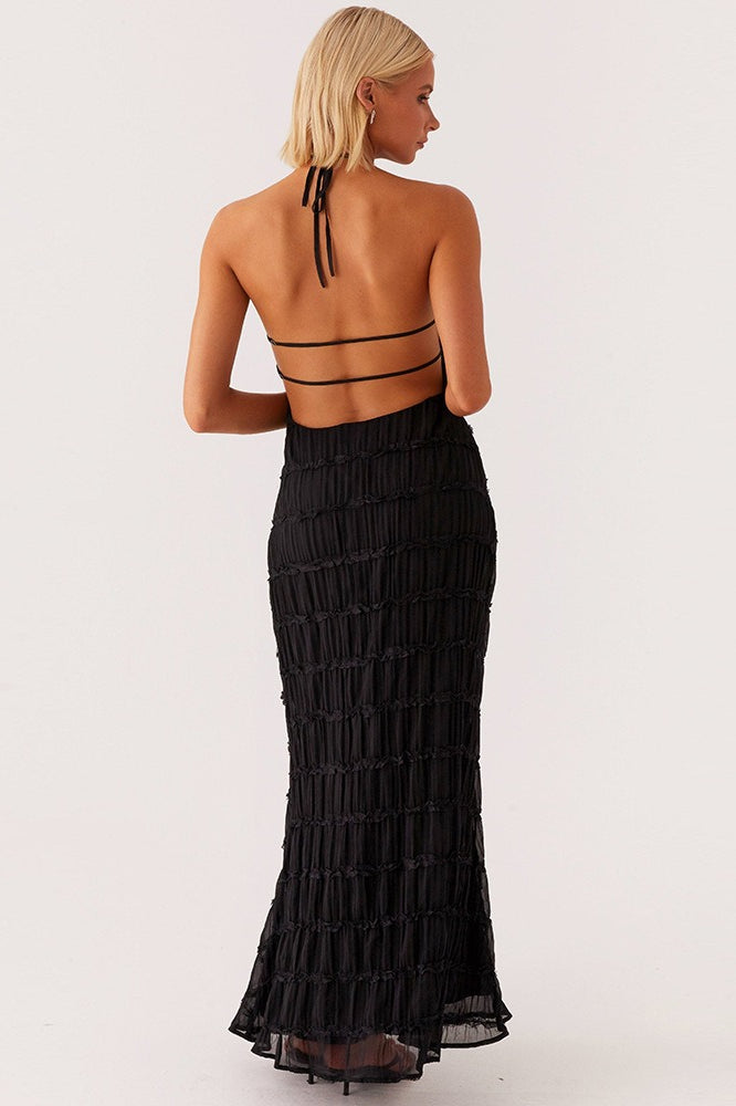 Halter Neck Horizontal Shirred Smocked Column Maxi Dress
