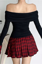 Off-the-shoulder Color Block Plaid Cuffed Pom-pom Mini Dress