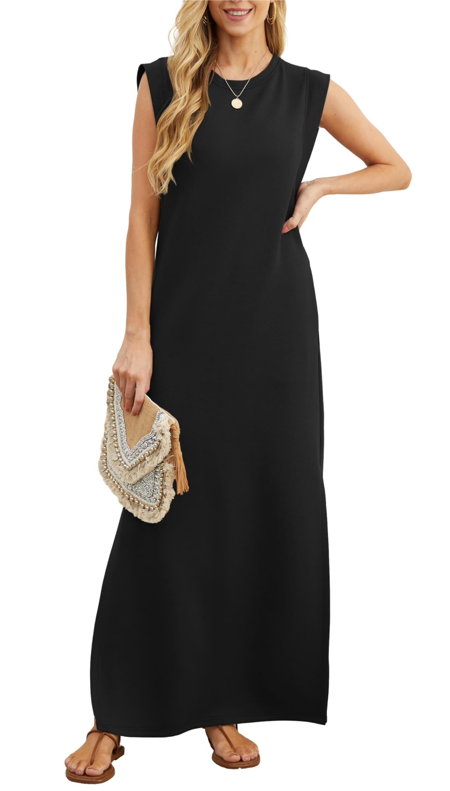 Padded Shoulder Crew Neck Ribbed Column Ankle Length Maxi Dress