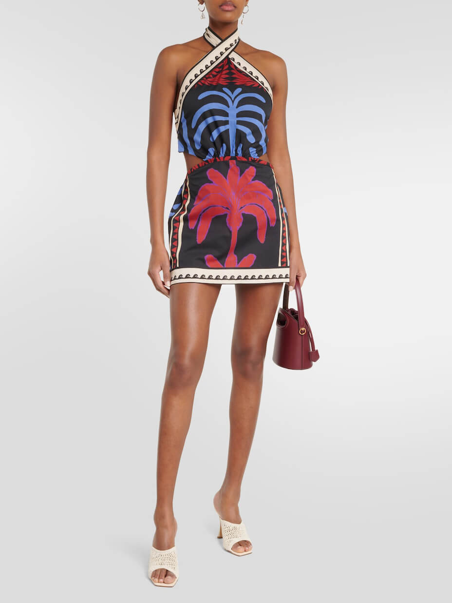 Halter Neck Palm Tree Print Side Cutout Border Trim Mini Dress