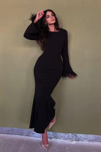 Black Feather Trim Bodycon Maxi Sweater Dress