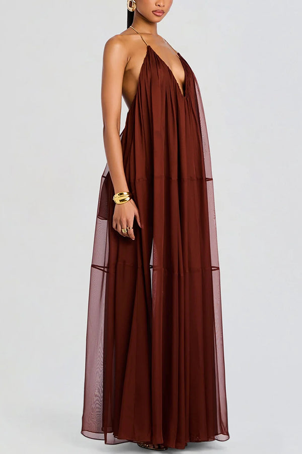 Flowing Lightweight Chiffon Chain Halter Neck Detail Backless A-line Maxi Dress