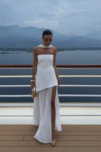 Strapless Structured Bodice Choker Neck Layered Sheer Chiffon Maxi Dress