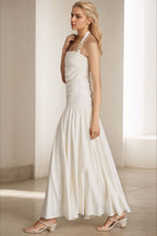 Halter Neck Ruched Drop Waist Flowy Pleated Maxi Dress