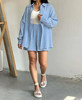 Blue Cotton Drawstring Shorts Office Two Piece Set