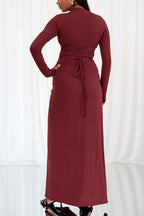 Long Sleeve Crew Neck Side Ruched Cascading Drape Panel Maxi Dress