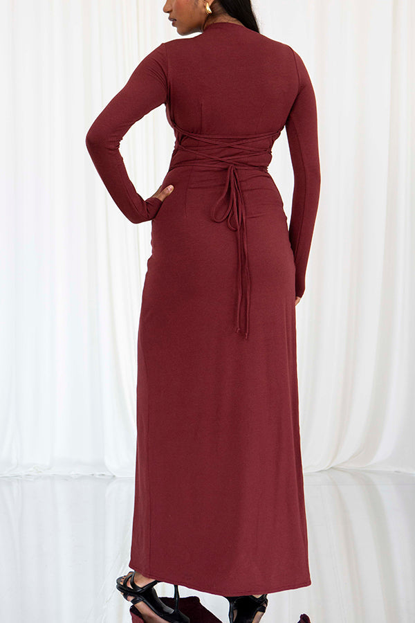 Long Sleeve Crew Neck Side Ruched Cascading Drape Panel Maxi Dress