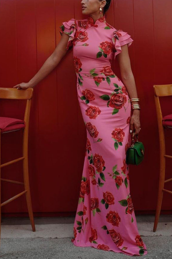Elegant party cheongsam style rose print layered flared sleeve elastic long skirt