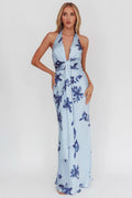 Floral Halter Deep V-Neck Knot Front Tie Sash Maxi Dress