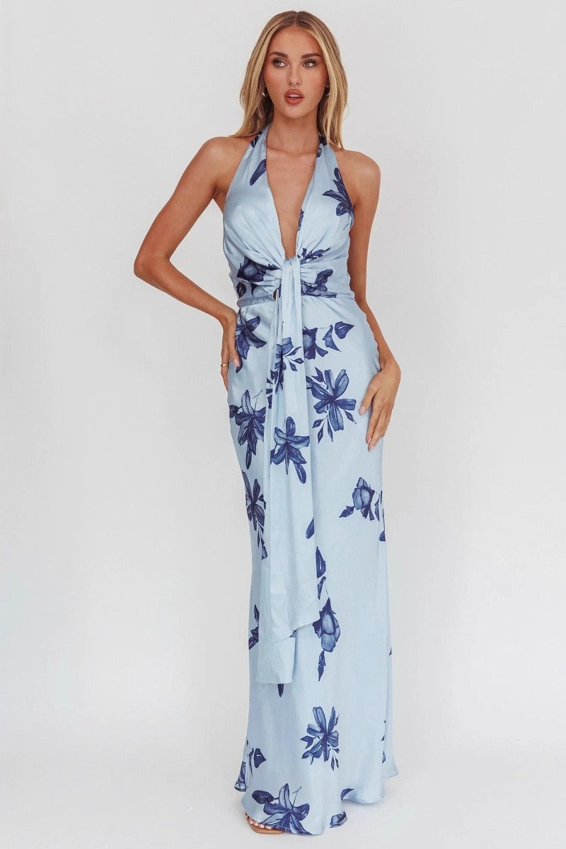 Floral Halter Deep V-Neck Knot Front Tie Sash Maxi Dress