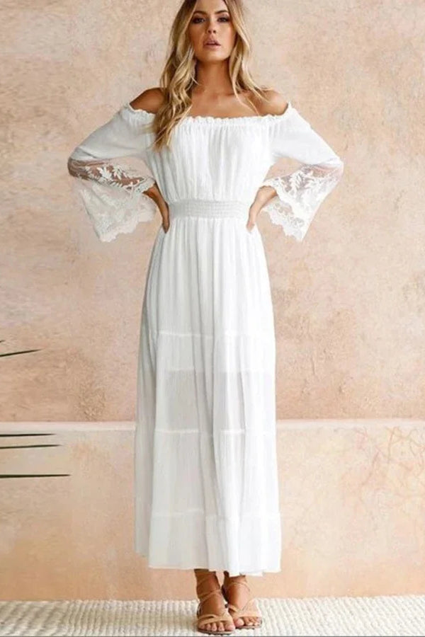 White Flare Sleeve Off Shoulder Dress