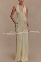 Sparkling Nights Knit Sunburst Sequin Detail Back Cross Straps Stretch Maxi Dress