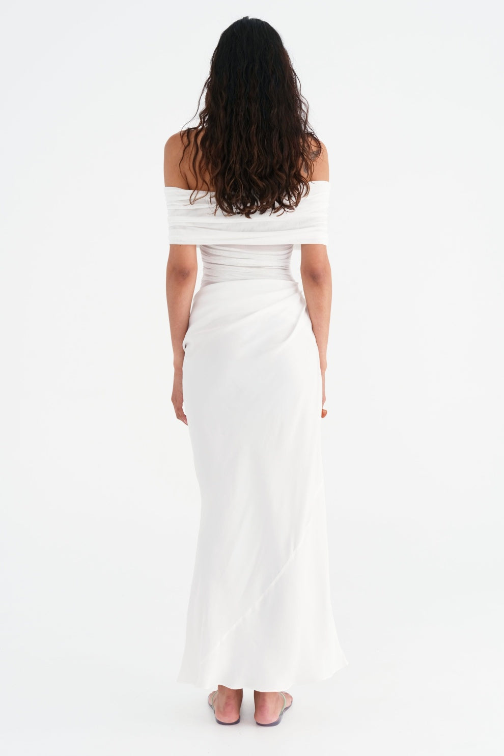 Off Shoulder Ruched Mesh Waist Panel Draped Overlay Maxi Gown