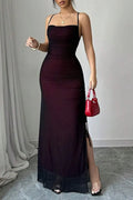 Mesh Overlay Ruched Spaghetti Strap Square Neck High Split Bodycon Maxi Dress