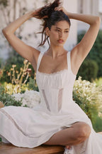 Lace Trim Corset Bodice Wide Strap Fit and Flare Midi Dress