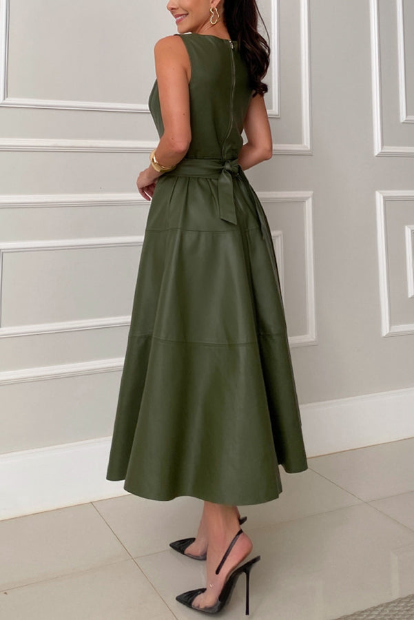 Faux Leather Princess Seam Waist Belt Tiered A-Line Midi Dress
