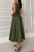 Faux Leather Princess Seam Waist Belt Tiered A-Line Midi Dress