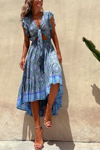 Boho Print Tie Front Crop Top Smocked High Low Two Piece Set
