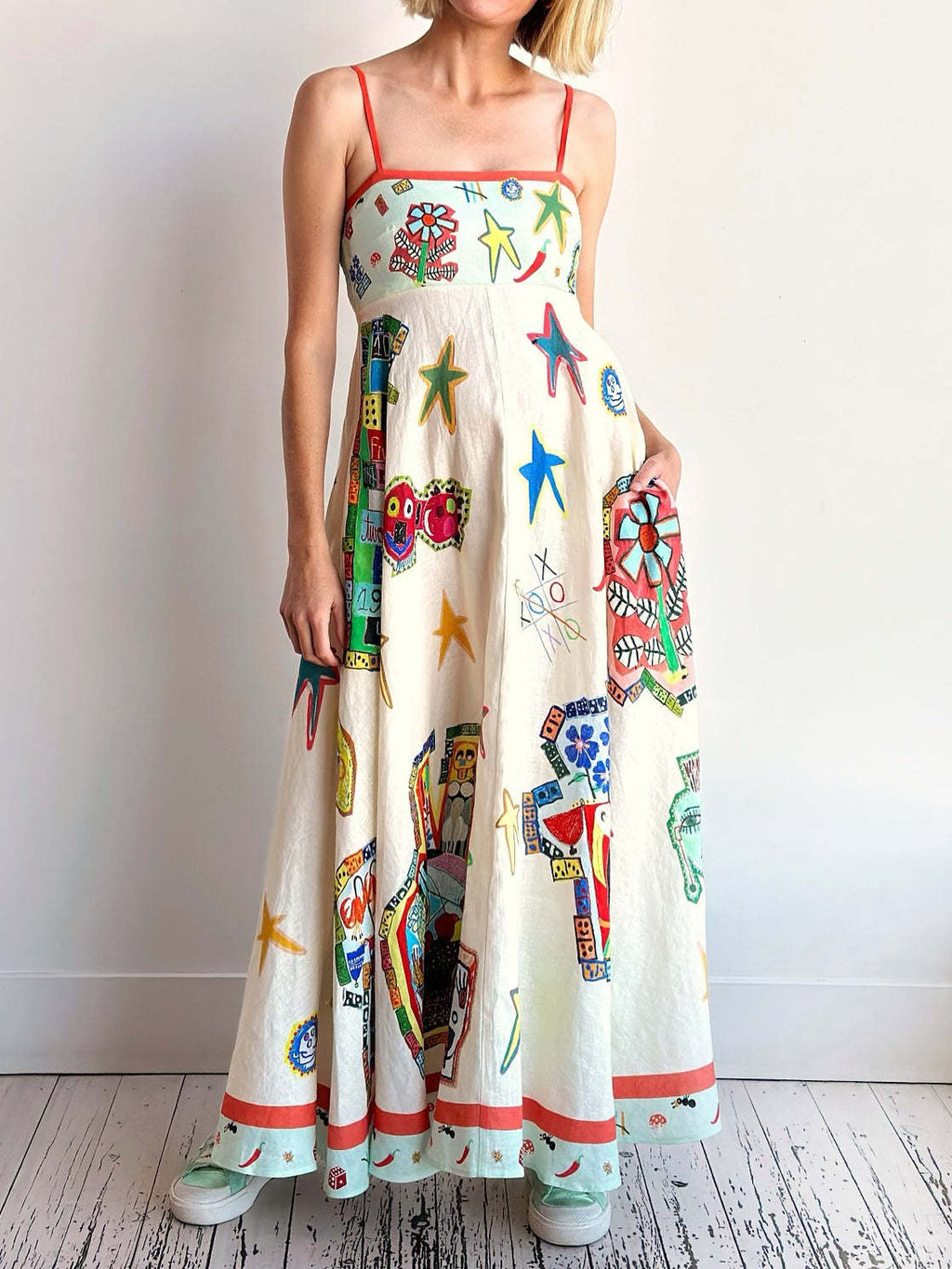 Spaghetti Strap Square Neck Folk Art Graphic Print Midi Dress