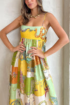 Dragon Print Patchwork Grid Empire Waist Pocketed Maxi Dress