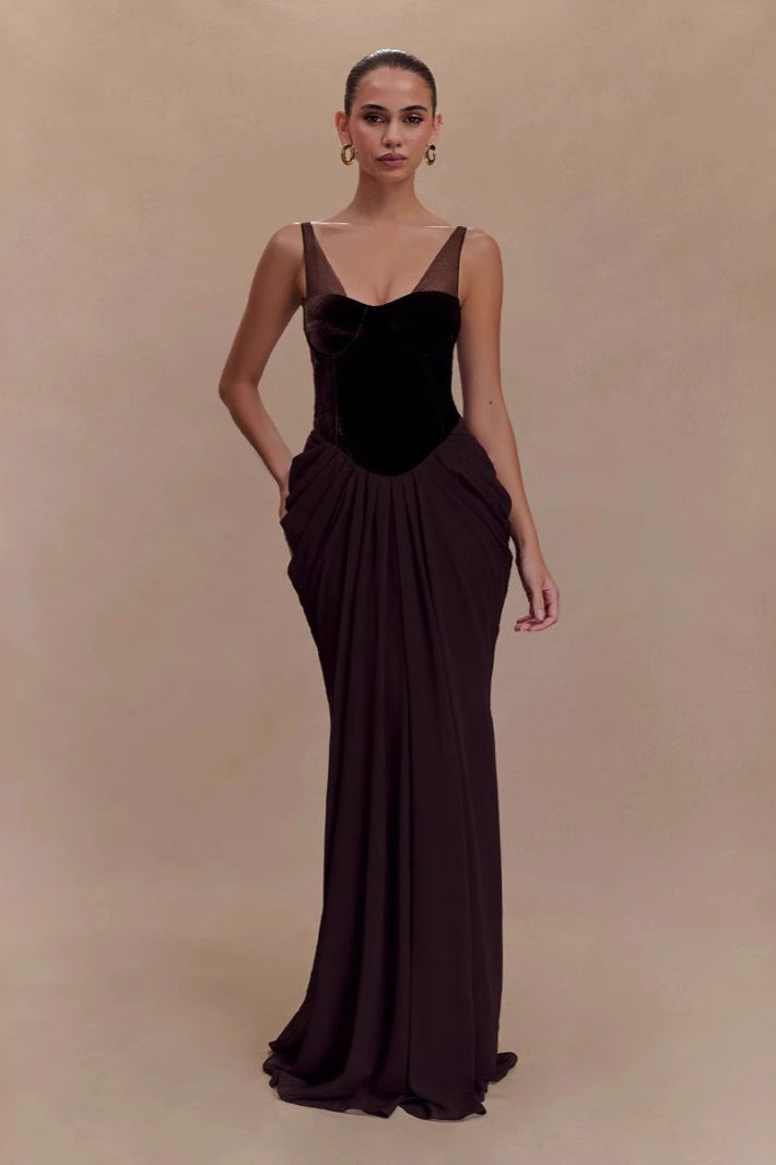 Mesh Panel Sweetheart Corset Basque Waist Draped Maxi Gown