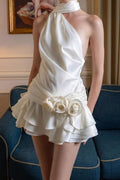 Satin Halter Neck Draped Wrap Rosette Tiered Ruffle Mini Dress