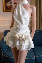 Satin Halter Neck Draped Wrap Rosette Tiered Ruffle Mini Dress