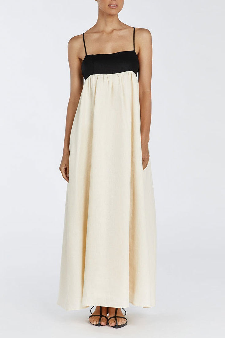 Beige Spaghetti Strap Square Neck Empire Waist Gathered Patchwork Maxi Dress