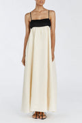 Beige Spaghetti Strap Square Neck Empire Waist Gathered Patchwork Maxi Dress