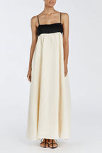Beige Spaghetti Strap Square Neck Empire Waist Gathered Patchwork Maxi Dress
