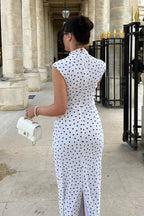 Polka Dot Mock Neck Sleeveless Bodycon Maxi Dress